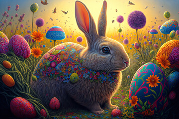 Obraz na płótnie Canvas Adorable Bunny With Easter Eggs In Flowery