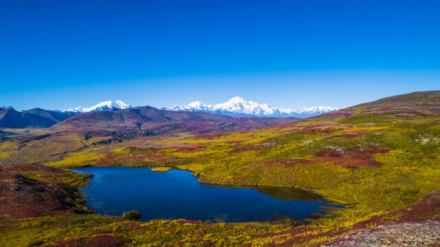 Denali National Park and Preserve as seen from Peters Hills with 20320' Mount Denali, formally know as Mount McKinley, and the Alaska Range; Trapper Creek, Alaska, United States of America