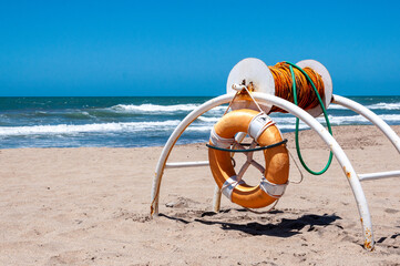 Life preservers and rope used on the beaches of Mar del Plata to rescue people in danger of drowning.