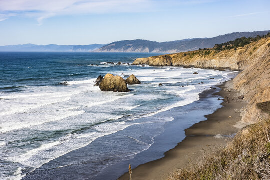 A look North along Blues Beach from Highway 1 in Northern California; Westport, California, United States of America