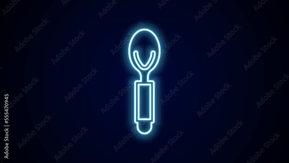 Poster Glowing neon line Spoon icon isolated on black background. Cooking utensil. Cutlery sign. 4K Video motion graphic animation