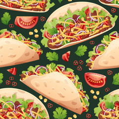 Seamless pattern with tacos. Texture with traditional mexican food. Great for wallpapers, menu decor, restaurants.