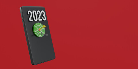 3D rendering Arrow target on 2023 dartboard with smartphone on red background. Concept of success solution, Business achieving goals, startup mobile application