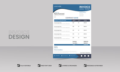 Obraz premium Corporate Business Invoice design template vector illustration bill form price invoice. Creative invoice template vector. business stationery design payment agreement design.