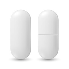 Vector 3d Realistic White Pharmaceutical Medical Pill, Capsule, Tablet Icon Set Isolated on White Background. Front View. Medical Concept