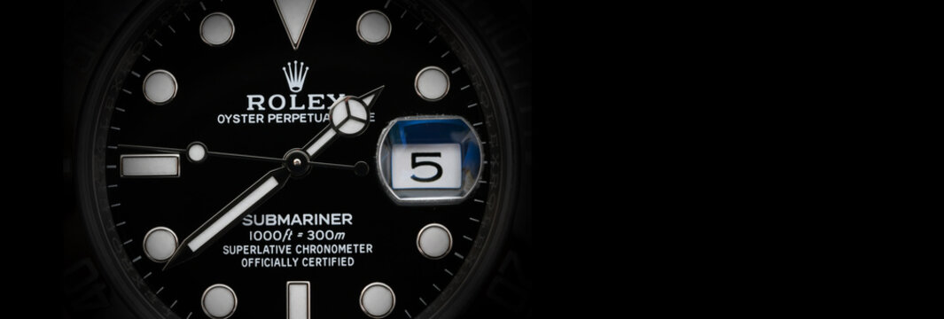 Bangkok Thailand- January 28,2021:Close up Rolex Submariner Date Steel Black Ceramic Men's Wrist watch, copy space