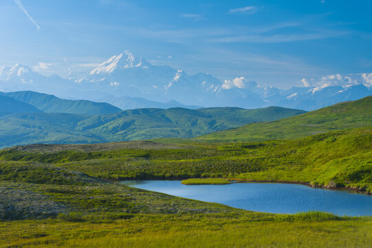 20,320' Mount Denali (previously named Mount McKinley) on a sunny, summer day as seen from Peters Hills in Denali State Park in South-central Alaska; Alaska, United States of America