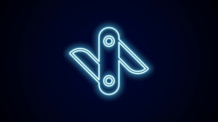 Glowing neon line Swiss army knife icon isolated on black background. Multi-tool, multipurpose penknife. Multifunctional tool. 4K Video motion graphic animation