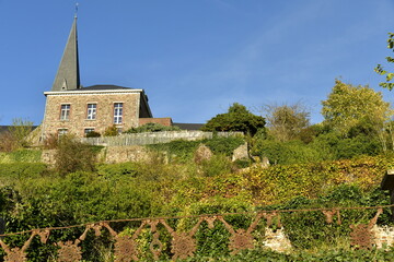 Végétation luxuriante en automne entre les vieux murs en pierres des jardins en terrasses au centre historique de Thuin en Hainaut 