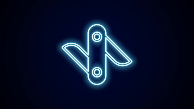 Glowing neon line Swiss army knife icon isolated on black background. Multi-tool, multipurpose penknife. Multifunctional tool. 4K Video motion graphic animation