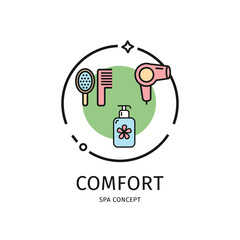 Spa Thin Line Icon Comfort Concept Include of Hairdryer and Hairbrush. Vector illustration of Beauty Care