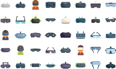 Virtual glasses icons set flat vector. Vr reality. Oculus video isolated
