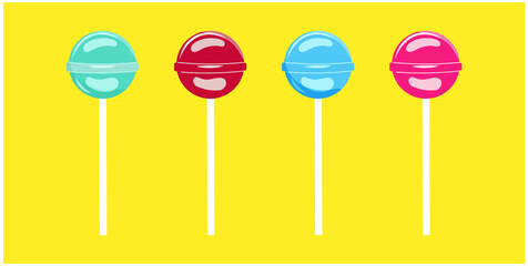 A set of Caramels on a stick of different colors on a yellow background. Vector stock illustration. cartoon style