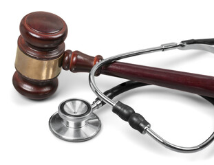 Medical stethoscope and wooden judge gavel