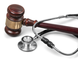 Medical stethoscope and wooden judge gavel