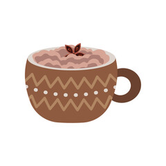 Brown mug with warm winter drink flat vector illustration. Mug of hot chocolate on white background. Christmas, autumn or winter holidays concept