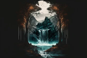 Rollo Inception like landscape with trees and waterfall, dark water paint. Generative AI © FantasyDreamArt
