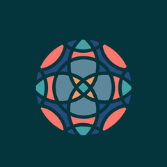 Geometric circle logo emblem.Gift boutique, mosaic style icon isolated on dark fund.Decorative elements.Abstract ornamental design illustration.Colorful ornate mandala symbol.Geometry decoration.