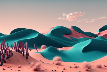 Light pink sand dunes contrast with the deep turquoise of the sky. Sky contrasts against a backdrop of sand dunes in the desert. Concisely abstract, minimal backdrop. Generative AI