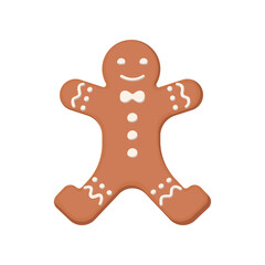 Gingerbread man cookie. Vector illustration of sweet homemade snack with icing for winter holidays. Cartoon cute ginger biscuit isolated on white background. Christmas, dessert concept