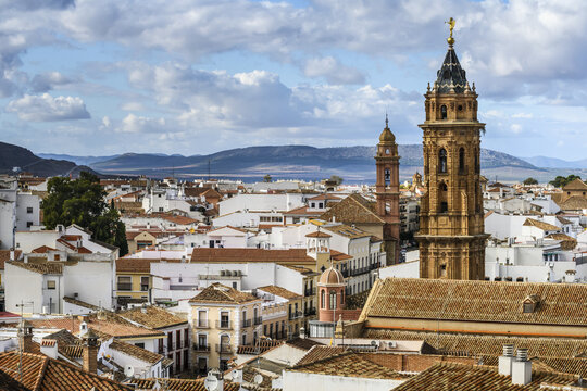 The town of Antequera with church towers in the skyline; Antequera, Malaga, Spain
