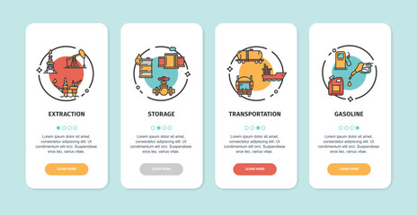 Oil Industry App Screens Cards Set Include of Extraction, Gasoline, Storage and Transportation. Vector illustration of Card