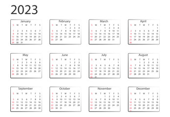 Calendar 2023 year. Vector illustration. The week starts on Sunday. Vector illustration.
