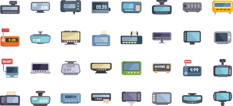 Taximeter icons set flat vector. Auto trip. Taxi button isolated