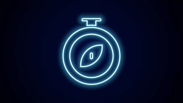 Glowing neon line Compass icon isolated on black background. Windrose navigation symbol. Wind rose sign. 4K Video motion graphic animation
