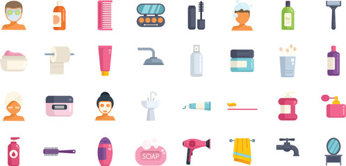 Morning treatments icons set flat vector. Care shave. Face skin isolated