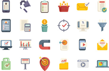 Marketing filled icons set flat vector. Direct sales. Mail cart isolated