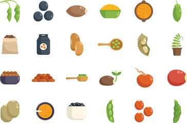 Lentil icons set flat vector. Bean bread. Cereal leaves isolated