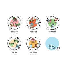 Spa Concept Thin Line Icons Labels Set Include of Comfort, Natural, Organic, Reboot and Relax . Vector illustration of Label