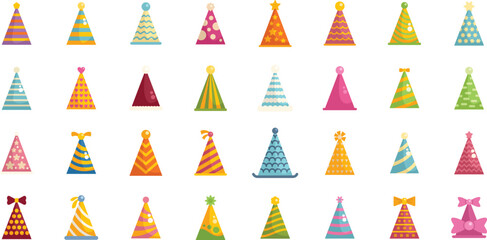 Party hats icons set flat vector. Birthday cap. Celebrate carnival isolated