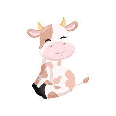 Happy baby cow sitting sideways cartoon illustration. Cute little calf character with brown spots sitting on white background. Domestic animal concept
