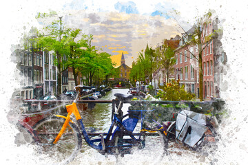 Watercolor painting of Amsterdam cityscape. Beautiful view of Amsterdam canal watercolor illustration artwork. Travel to Amsterdam