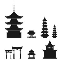 Asian architecture in silhouette on white isolated background. For poster designs, web sites, postcards. Vector