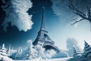 	
The Eiffel Tower covered in snow. Scenic view to the Eiffel tower on a day with heavy snow. Unusual weather conditions in Paris. Digital artwork	
