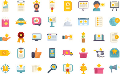 Featured product icons set flat vector. Data survey. Start product isolated