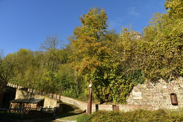 Fototapeta na wymiar Végétation luxuriante en automne entre les vieux murs en pierres des jardins en terrasses au centre historique de Thuin en Hainaut 