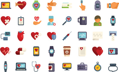 Palpitating icons set flat vector. Aid abdomen. Aid attack isolated