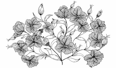 Floral floral background, frame, border, with delicate flowers and branches of buds. Contour hand drawing. Engraving. With space for text