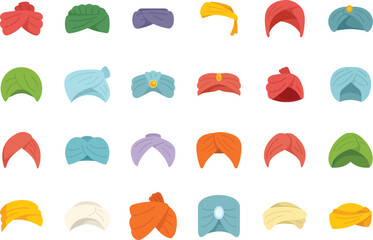 Arabic turban icons set flat vector. Arab hat. Asian farm isolated
