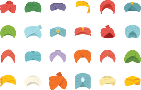 Arabic turban icons set flat vector. Arab hat. Asian farm isolated