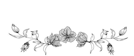Floral floral background, frame, border, with delicate flowers and branches of buds. Contour hand drawing. Engraving. With space for text