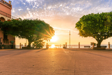 Obraz premium sunrise or sunset scenic view on a beautiful square with pavement, two beautiful green trees and amazing sky