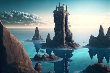 High above a coastal lagoon on a mysterious ocean island, encircled by jagged peaks, stands the tower of a mysterious magician. Imagined world. illustration. Generative AI