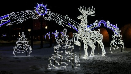 Deer as a symbol of the city of Nizhny Novgorod. New Year. Illumination in the Kremlin.