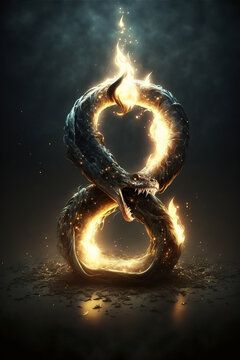 ouroboros or uroboros. ancient symbol depicting a serpent or dragon eating its own tail. Fiery snake. Glowing Infinity symbol. Glowing number eight. eternal cycle of rebirth.