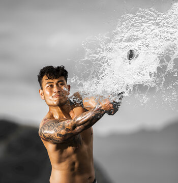 Asian swordsman fighting water; New Zealand